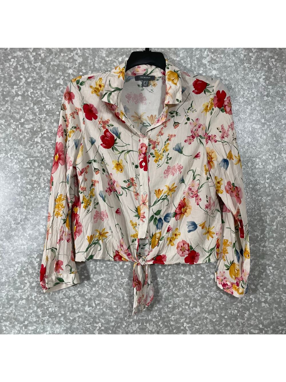 Primark Women's Cottagecore White Floral Button Up Top - Size 14 - Tie Front